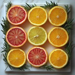 Obraz premium A grid of fresh citrus slices, including grapefruit, orange, and lemon, elegantly arranged with rosemary sprigs on a white cutting board. 