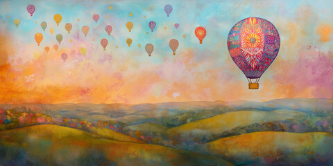Obraz premium Colorful hot air balloons floating over rolling hills at sunrise in a dreamy, painted landscape expressing freedom, imagination, travel, and peaceful atmosphere