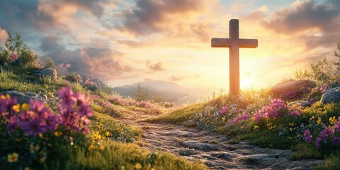 Sunset over a peaceful meadow with a stone cross surrounded by colorful flowers and hills in the background