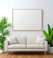 Minimalist Living Room with Beige Sofa and Tropical Plants