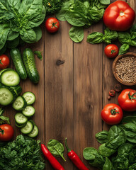 A variety of fresh vegetables, including tomatoes, cucumbers, spinach, and chili peppers, arranged on a rustic wooden surface with copy space in the center.  