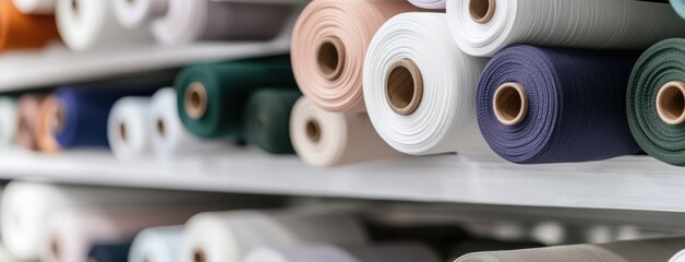Brightly colored rolls of fabric fill the shelves in a textile shop, offering a variety of textures ideal for sewing and crafting projects