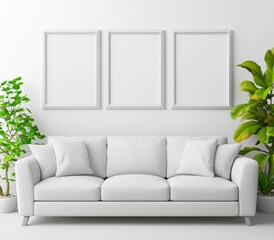Minimalist White Living Room with Blank Frames and Plants