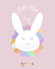 Easter greeting card with Easter bunnies and Easter eggs