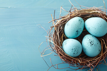 Obraz premium Bright and festive Easter banner with painted eggs in a nest. Pastel colors. Top view. For a festive greeting card. Seasonal design with a cheerful spring vibe..