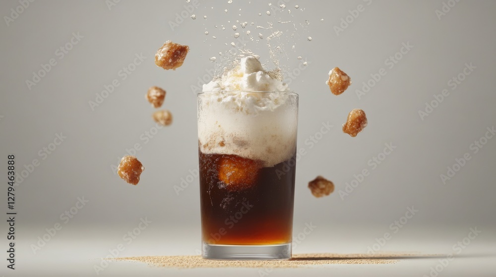 Poster refreshing iced beverage with whipped cream and caramel chunks, showcasing dynamic splashes