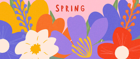 Creative banner with bright spring flowers Hello Spring. Spring background for social media posts, banner design, postcard.