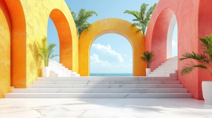 Fototapeta premium Vibrant Colorful Arches with Palm Trees and Ocean View Background