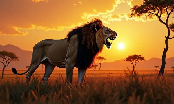 Majestic lion roaring in the savanna with golden sunset and beautiful wild nature background. 