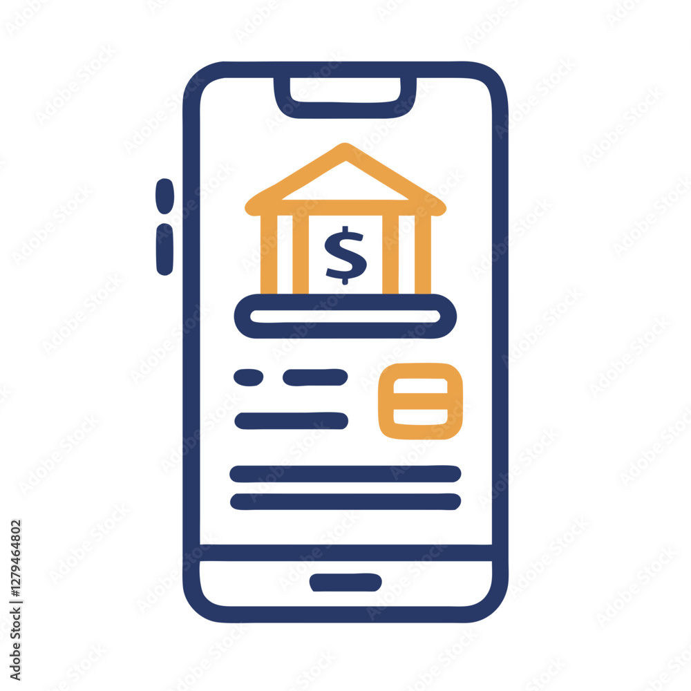 Poster vector icon illustrating a banking application on a mobile device featuring a bank building and doll