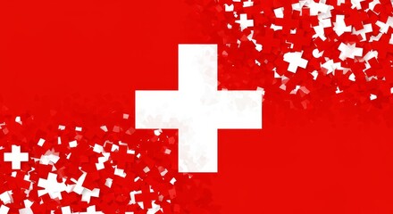 Fototapeta premium Swiss Flag Disintegration on White - Abstract of a Swiss flag dissolving into tiny red and white plus signs on a . Symbolizing change, transition, fragmentation, patriotism, and Swiss identity