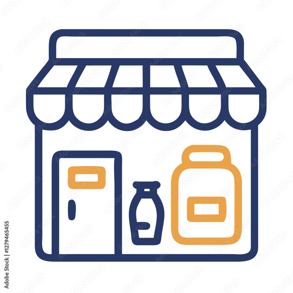 Poster grocery store vector icon depicting a storefront with milk and a container displayed outside