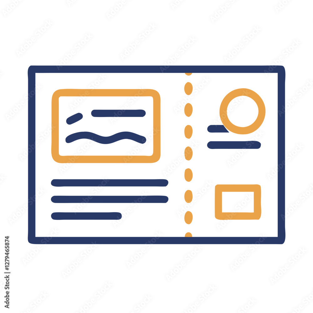 Poster vector icon representing a postcard design featuring various elements such as an image box and addre