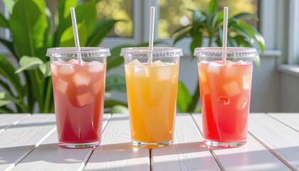 Refreshing drinks in clear cups on white table, summer vibe