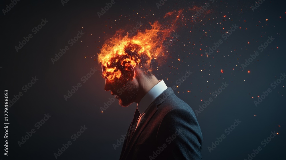Aufkleber stressed businessman with burning head experiencing professional burnout, suffering from information