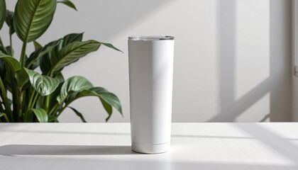 Blank 20 oz skinny tumbler mockup on clean surface, design potential