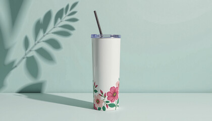 Stylish floral tumbler mockup against pastel background, cheerful design