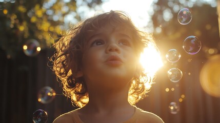 Curious child looking up at soap bubbles in golden sunlight backlit