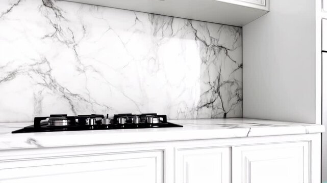 Contemporary kitchen design with marble backsplash and modern gas stove