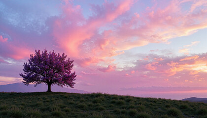 Obraz premium Lone blooming shrub against pastel dawn sky, nature's serenity