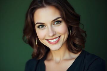 Cheerful middle-aged woman smiles warmly in studio. Portrait shot against plain green background. Attractive woman in casual green sweater. Pro, friendly expression. Mid-life beauty, casual style