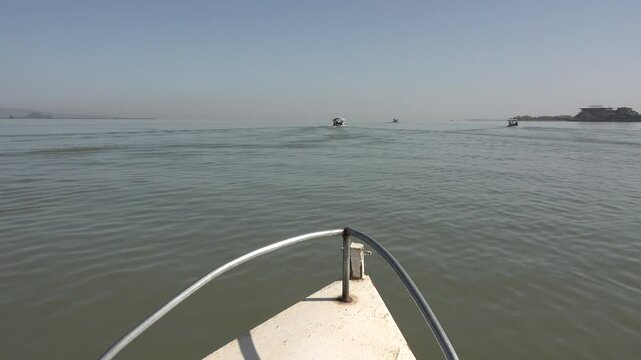 Bow of tourist vessel sailing over Lake Tana, source of the Blue Nile, in Ethiopia
