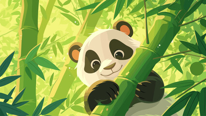 Naklejka premium Panda cub. Cute black white bear in tropical bamboo tree forest, china jungle animal vector illustration