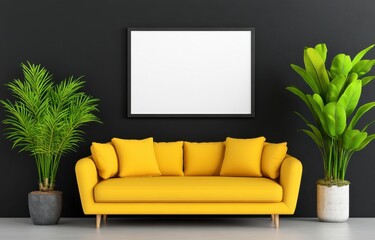 Modern Minimalist Living Room with Mustard Yellow Sofa and Blank Frame