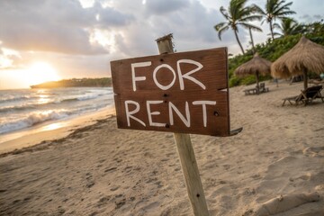 FOR RENT Sign in the Sand on a Tropical Beach