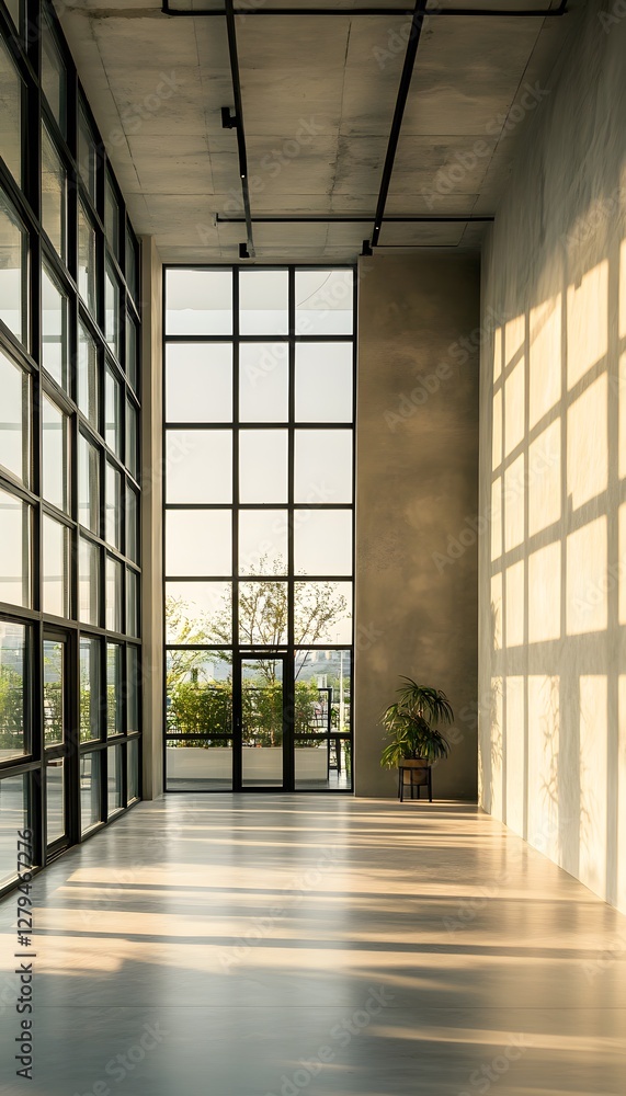 Poster an open space with tall windows and sunlight shining through them