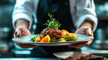 Chef presenting delicious dish, modern kitchen setting