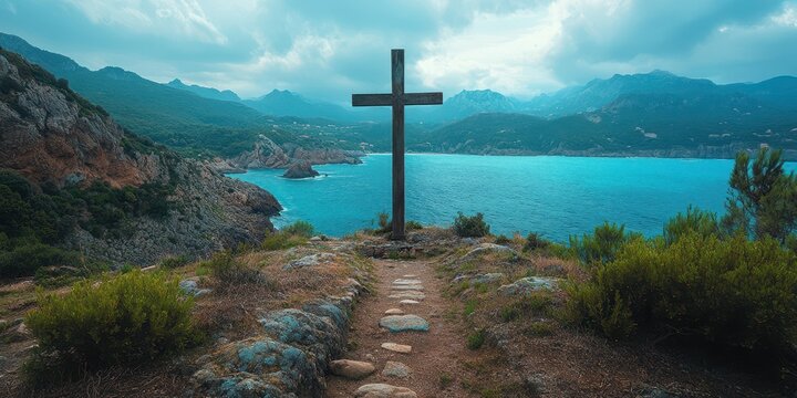 Cross overlooking a stunning coastal landscape with turquoise waters and dramatic mountains in the background