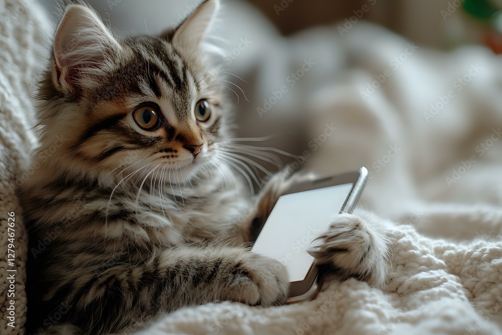 Poster adorable tabby kitten lying on white bedding while holding smartphone, looking at screen with curiou