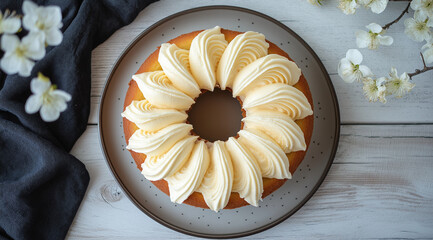 A top-view photo of a beautifully glazed Easter ring cake on a simple plate, set against a light wood background for a natural, rustic feel