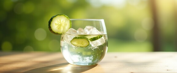 Electrolyte-Boosting Cucumber Water: Hydration Drink with Ice Cubes On a table outside on a summer day, green background, copy space