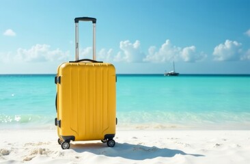 yellow bright suitcase on the beach against the background of the sea coast with snow-white sand and blue water