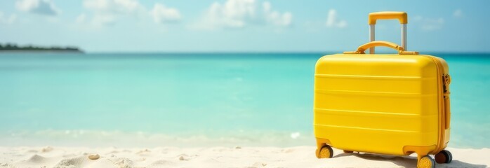 banner yellow bright suitcase on the beach against the background of the sea coast with snow-white sand and blue water