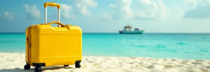 banner yellow bright suitcase on the beach against the background of the sea coast with snow-white sand and blue water