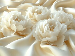 Four creamy peonies rest on beige silk. Perfect for wedding invitations, beauty, or luxury product promotions.