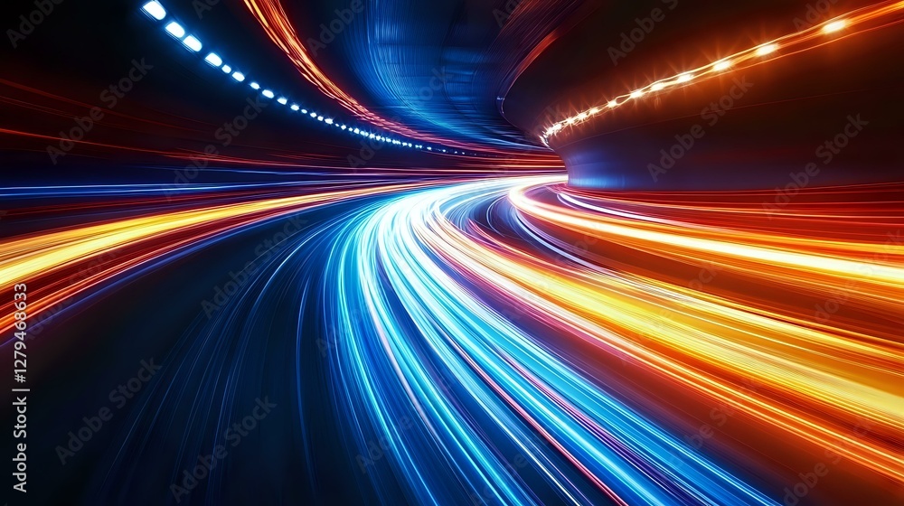 Poster abstract long exposure light trails in tunnel creating dynamic motion effect with vibrant blue and o