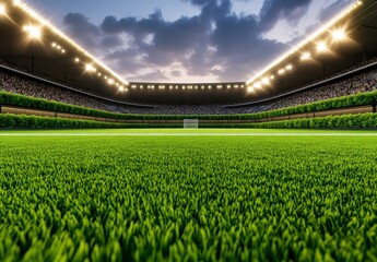 Fototapeta premium Night Soccer Game Lush Green Field Under Stadium Lights
