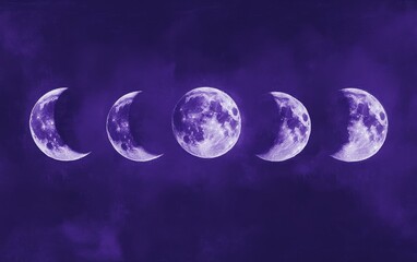 Moon phases in postmodern  on deep purple background