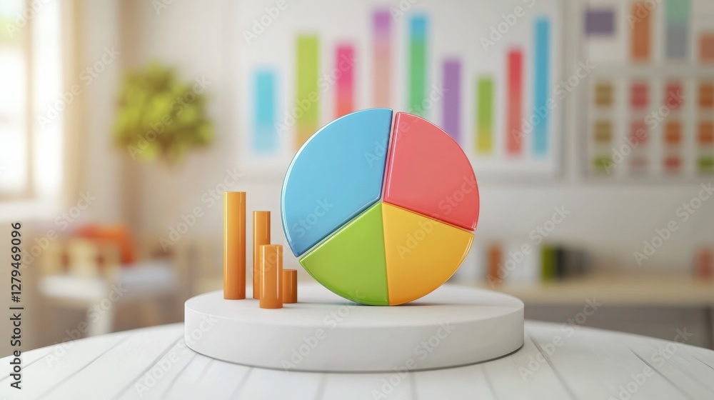 Poster colorful pie chart and bar graph on a table in a bright office with charts in the background