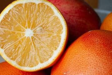 Close-up shot of juicy sliced oranges and grapefruit, showcasing vibrant colors and rich textures.