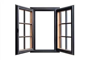 Fototapeta premium Open Weathered Dark Gray Window Panes on White Background