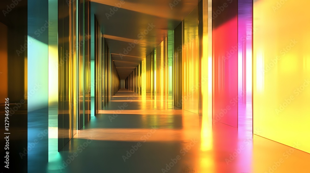 Poster futuristic corridor with colorful light reflections creating infinite perspective. glowing columns a