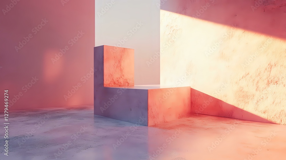 Poster Minimalist architectural space with geometric steps in coral pink and peach tones, featuring dramatic shadows and light creating abstract composition.