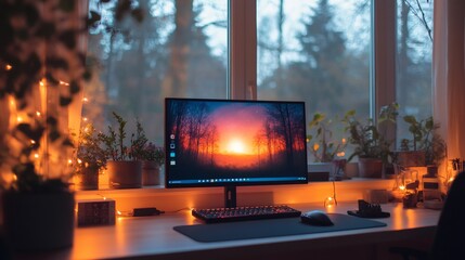 Cozy home office setup with computer, keyboard, mouse, and plants by window at sunset