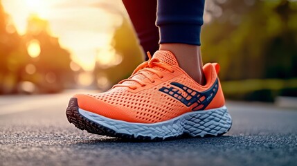 Orange Knit Running Shoes on Asphalt Road at Sunset