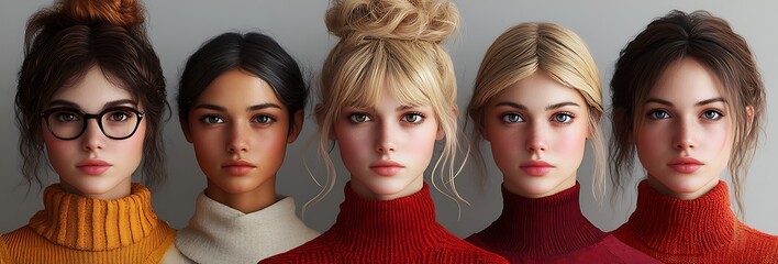 Obraz premium Five Women in Colorful Turtlenecks with Unique Hairstyles